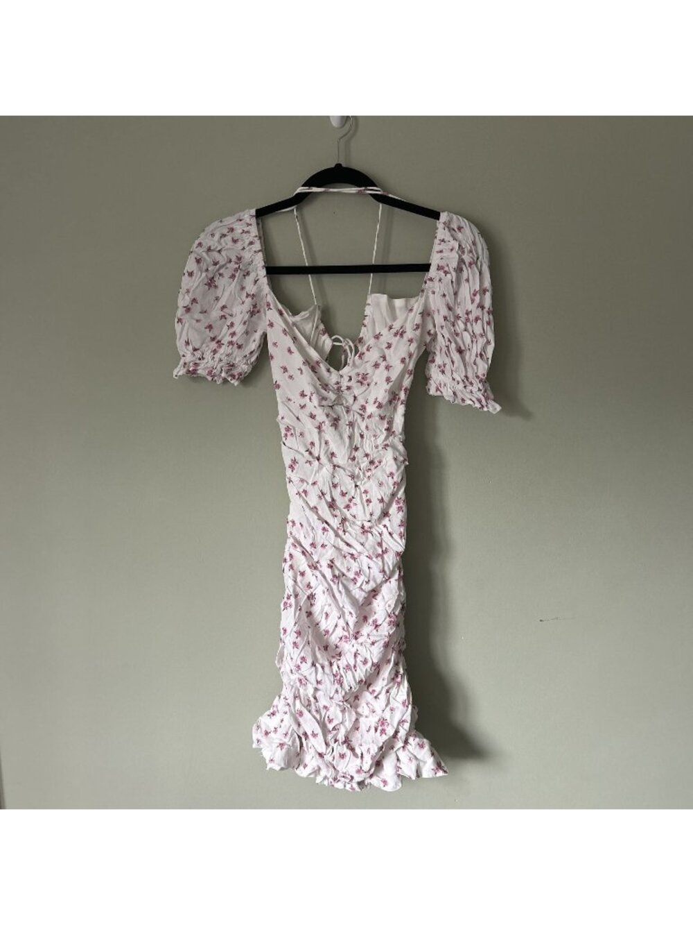 White Pink Floral Print Tie Back Cutout Ruched Puff Sleeve Dress Women's X-Small